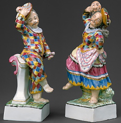 Antique Russian Gardner porcelain figures of Harlequin and Columbine 1770-1780