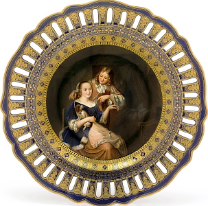 Meissen plate with old masters painting within dark cobalt blue reticulated border. Lady with the dog