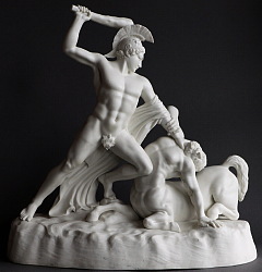 Parian figural group of Theseus and The Centaur after Canova. Made by  Keys and Mountford.