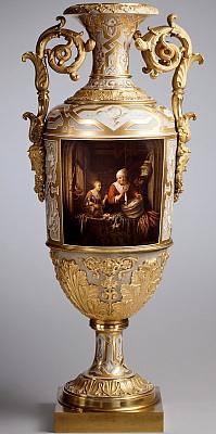 Large Russian Imperial Porcelain Factory vase The Herring Seller after Gerard Dou. Painted and signed by A. Savelev