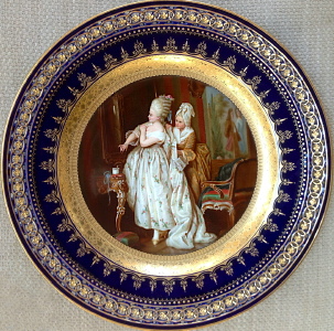Meissen plate with old masters painting Tiolette by Losson within dark cobalt blue reticulated border