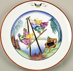 Russian Soviet porcelain plate Swing by Vengerovskaya 1920s