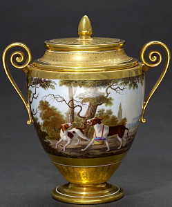 Sevres sugar bowl from service made for Prince William of Prussia. Painted with Fontaine's fables scene by Caron. Dogs