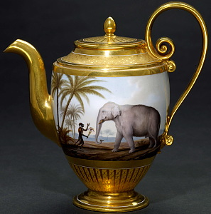 Sevres teapot from service made for Prince William of Prussia. Painted with Fontaine's fables scene by Caron . Ellephant..