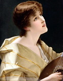 KPM plaque. Portrait of a woman playing music on the mandalin. After Conrad Kiesel