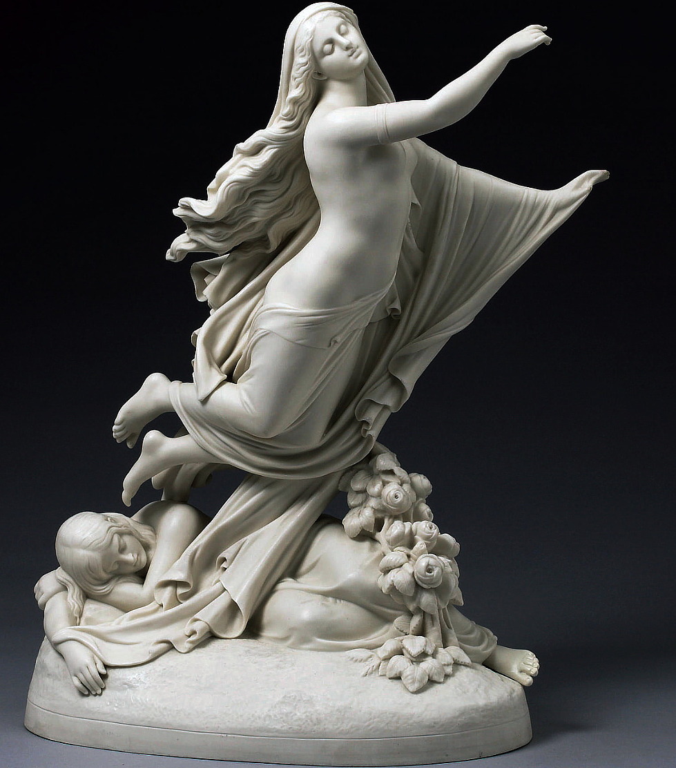 Parian Copeland figural group The Sleep of Sorrow abd The Dream of Joy by Monti